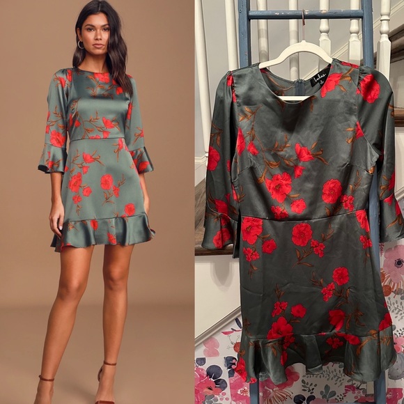 Lulus Dresses & Skirts - Lulus Flare Game Sage Green Floral Satin Flounce Sleeve Mini Dress